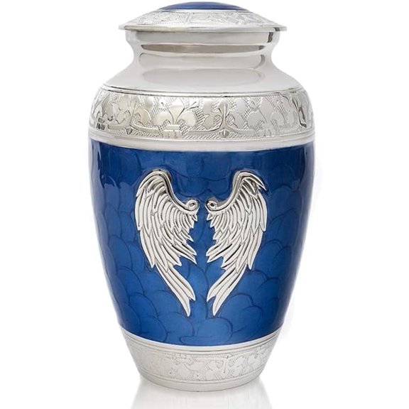 Ample Cremation Urn-Blue Handcrafted Cremation Urn with Silver Wing Finish (Size=11x7 IN)