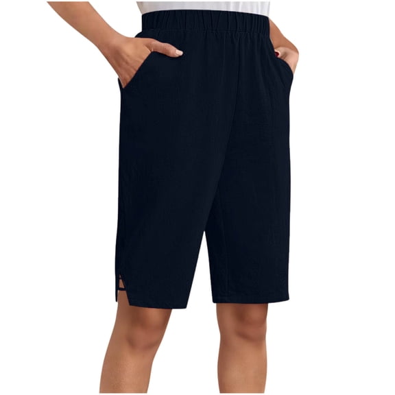 CQONEPT Women's Short Pants Elastic Waist Comfortable 1/2 Pant Casual Loose Fit Side Split Outdoor Shorts with Pockets Navy M