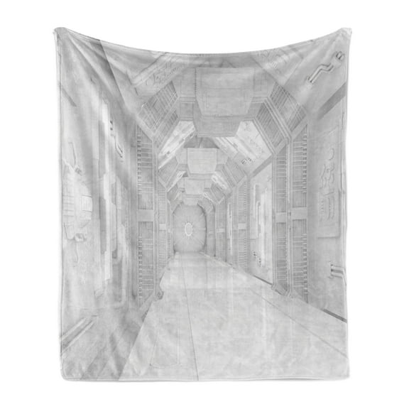 Outer Space Soft Flannel Fleece Throw Blanket, Extraterrestrial Construction to Visit Astronomical Bodies Cosmonaut Flight Theme, Cozy Plush for Indoor and Outdoor Use, 70" x 90", White, by Ambesonne