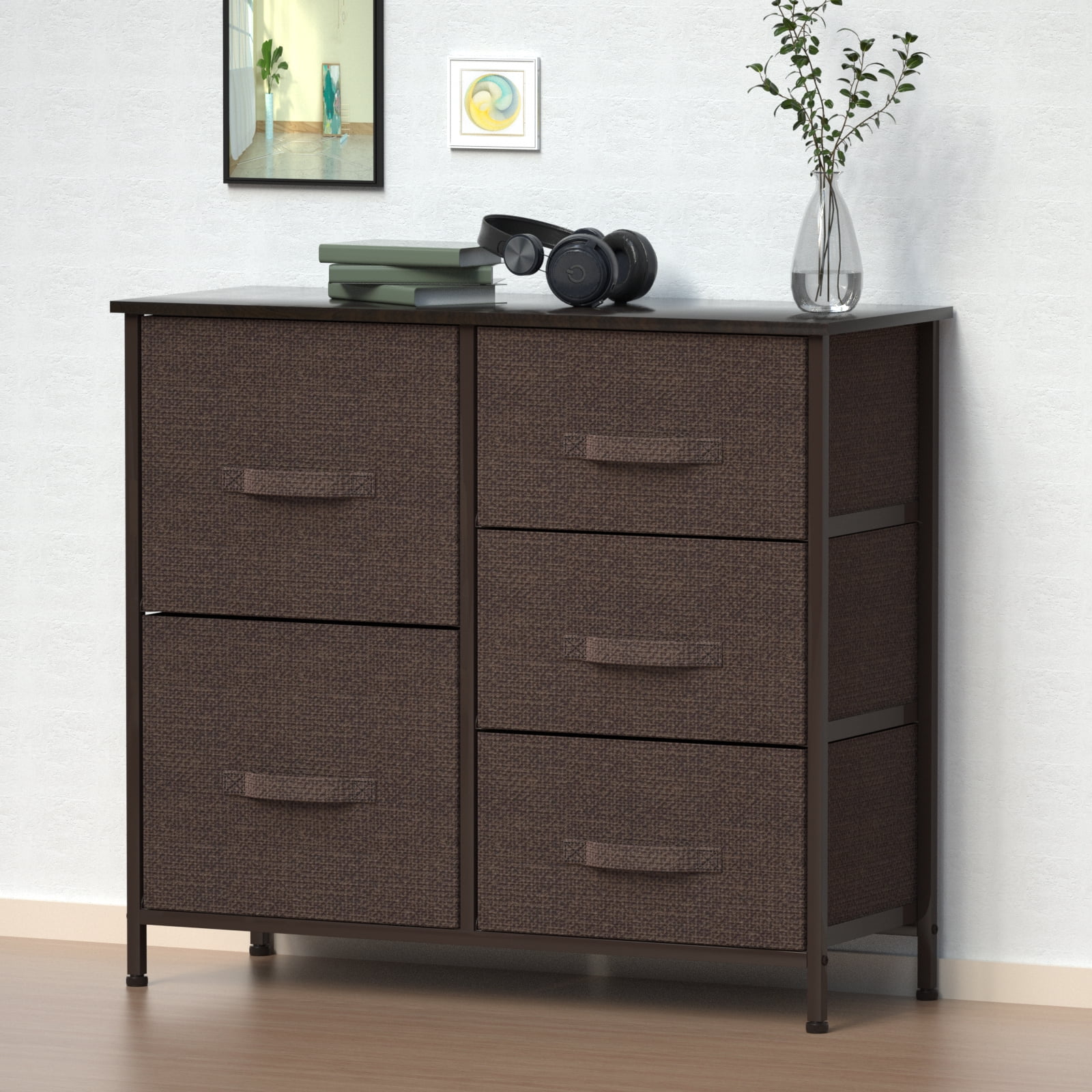 Dresser with 5 Drawers,Hengu Fabric Storage Tower, Organizer Unit for Bedroom, Living Room, Hallway, Closets & Nursery - Sturdy Steel Frame, Wooden Top & Easy Pull Fabric Bins,Brown