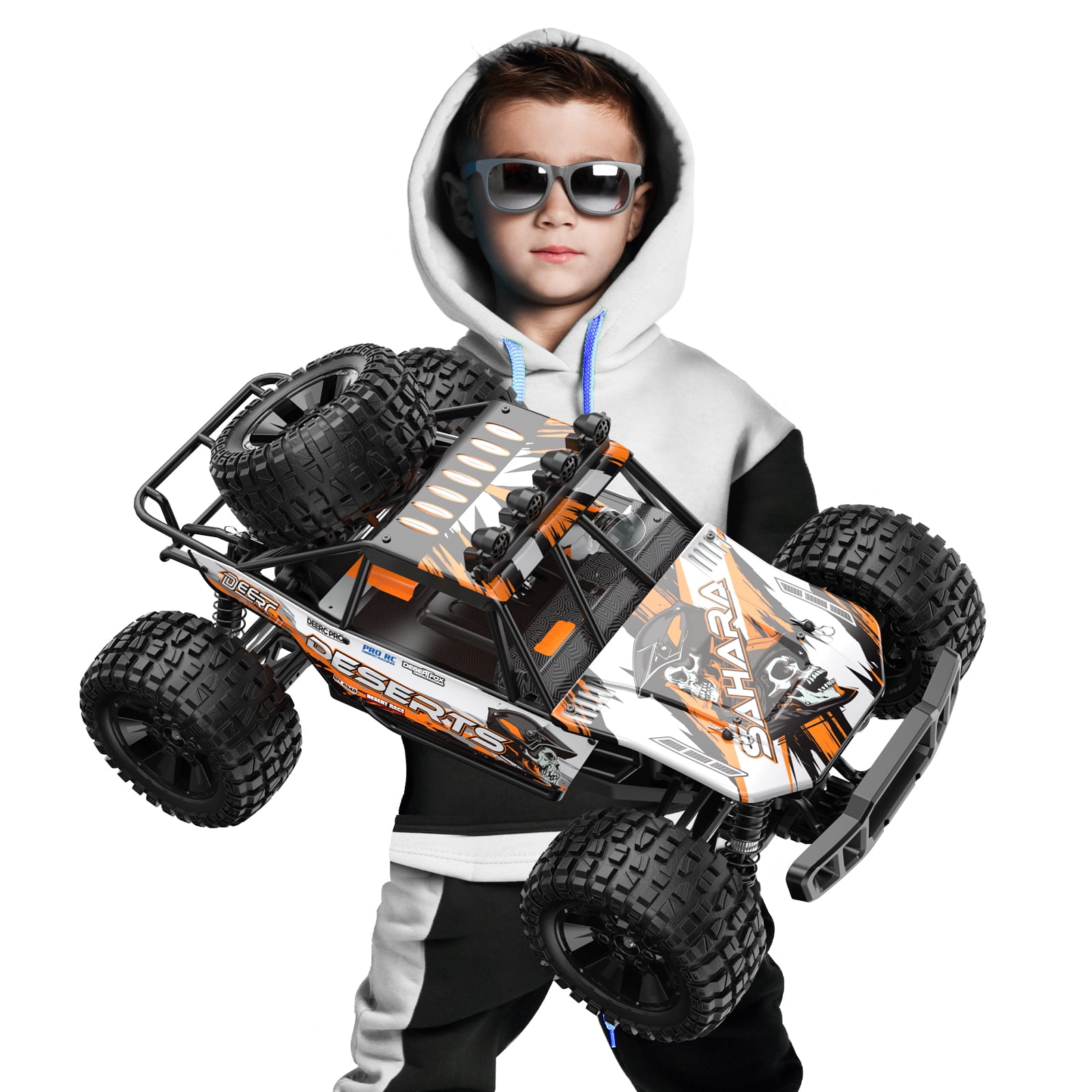 DEERC 1:10 Scale RC Car for Adults & Boys, 48KM/H Speed 4X4 Hobby RC Monster Truck with Lights, 2 Rechargeable Batteries, 2.4 GHz All Terrain Remote Control Car Toys for 30mins Fun