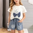 thumbnail image 2 of Girls Cotton 2 Piece Outfits Summer Cute Short Sleeve Rhinestone Bow Printed T-Shirt and Elastic Waist Denim Shorts Set White 0-1Years, 2 of 9