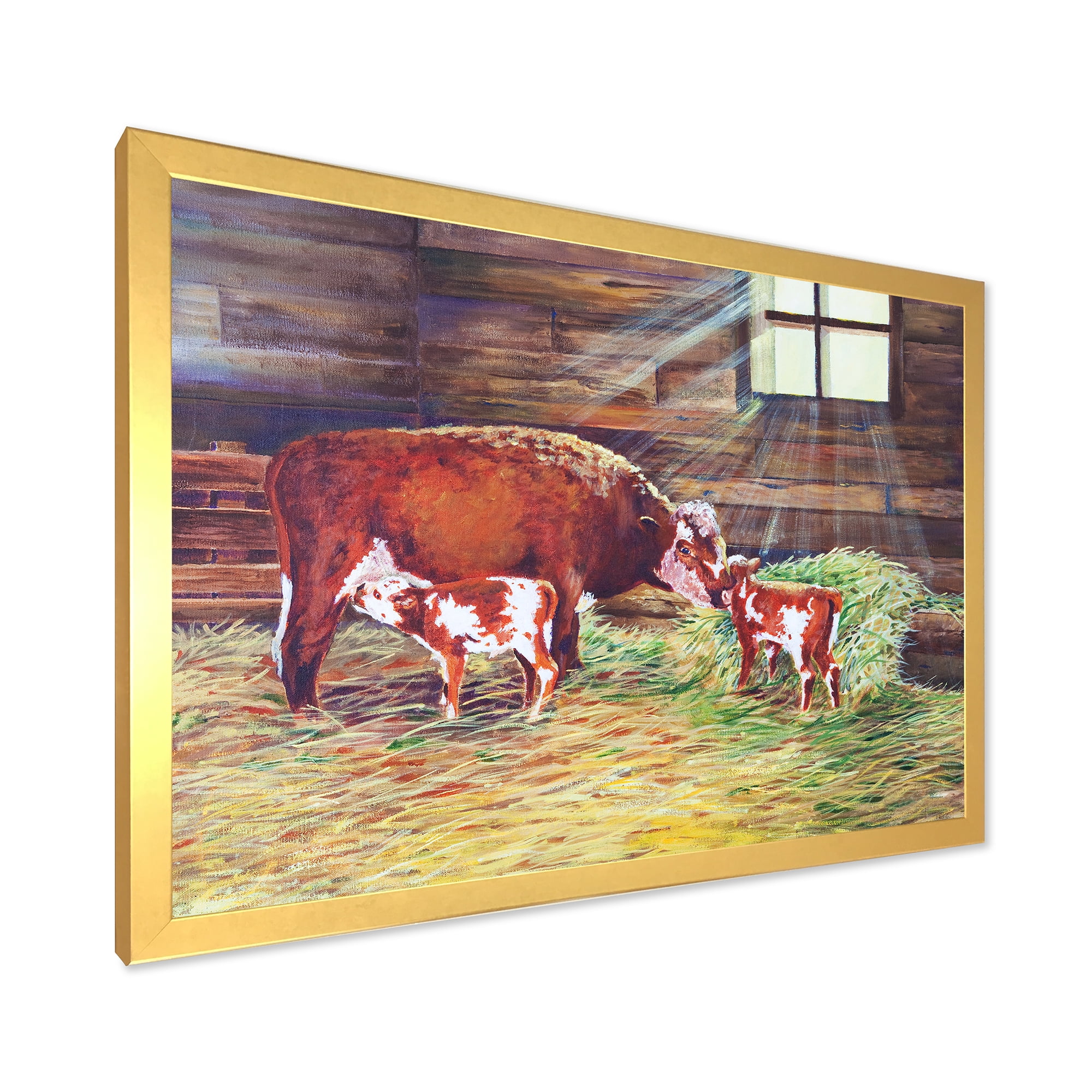 Designart 'Newborn Twin Calves With Cow At The Farm' Farmhouse Framed Art Print