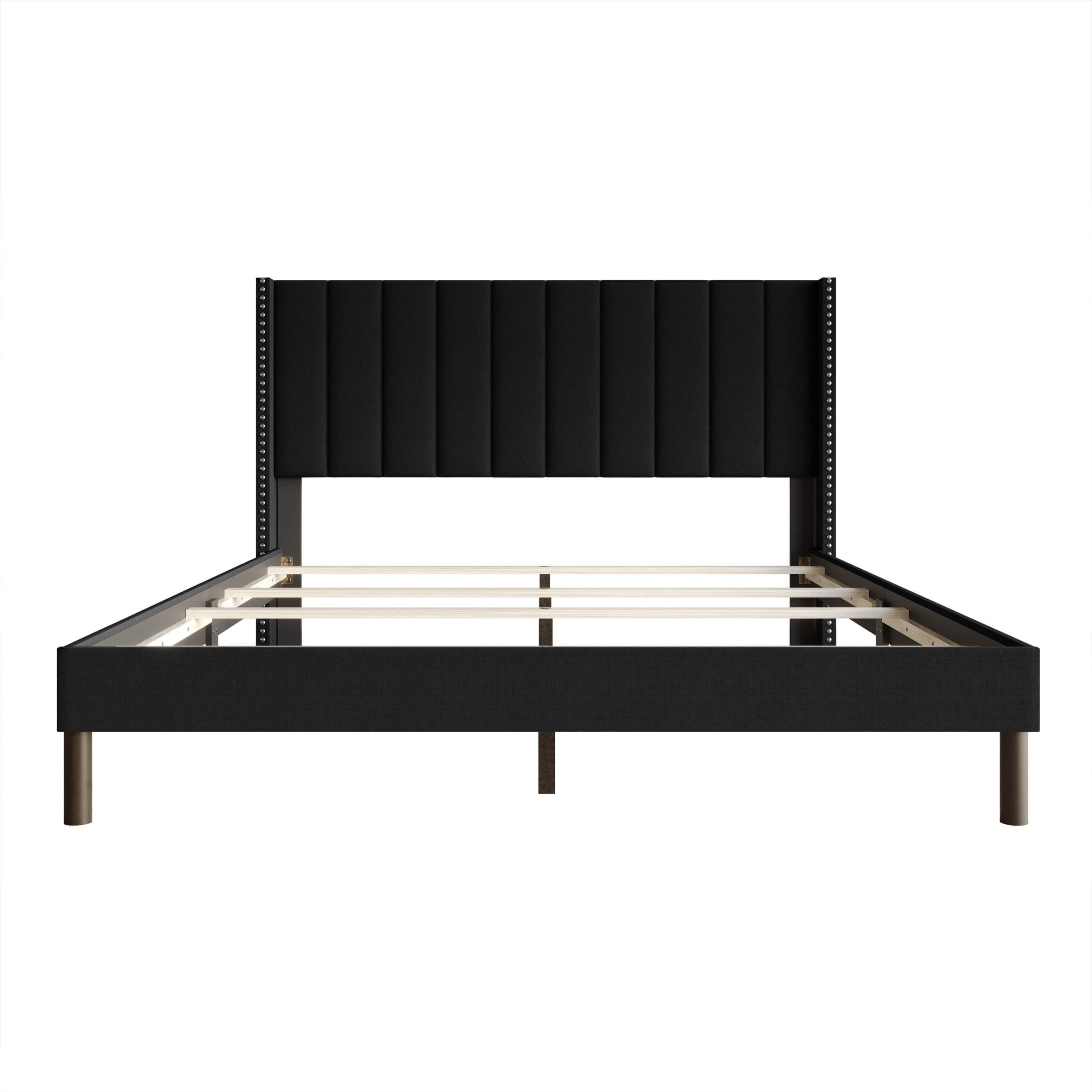 Home Design Odessa Full Linen Upholstered Wingback Panel Bed Frame with Vertical Channel Tufting & Nailhead Trim, Black, Easy Assembly
