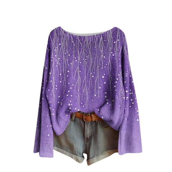 ZQUUVOU Women's Fall Sweater Pullover Printed Long Sleeve Round Neck Winter Top Soft Lightweight Casual Daily Wear Purple