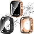 thumbnail image 1 of KOMI 2 Pack 2 in 1 Waterproof Case for Apple Watch Series 8 7 41mm, Straight Edge PC Front & Back Bumper with Tempered Glass Screen Protector 360 Protective Cover for iWatch 41mm, Black/Rose Gold, 1 of 5