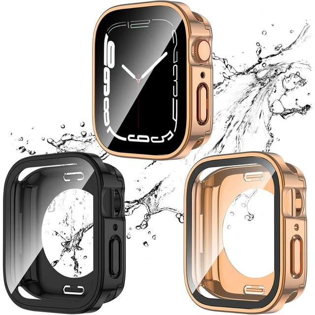 KOMI 2 Pack 2 in 1 Waterproof Case for Apple Watch Series 8 7 41mm, Straight Edge PC Front & Back Bumper with Tempered Glass Screen Protector 360 Protective Cover for iWatch 41mm, Black/Rose Gold