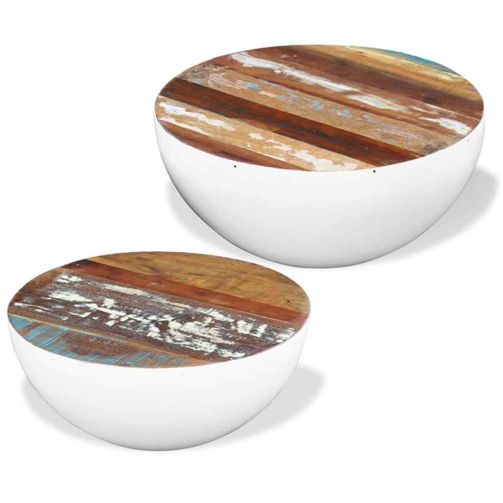 Kepooman 19.7" Vintage Bowl-Shaped Reclaimed Wood Coffee Table with Steel Base, Set of 2, White