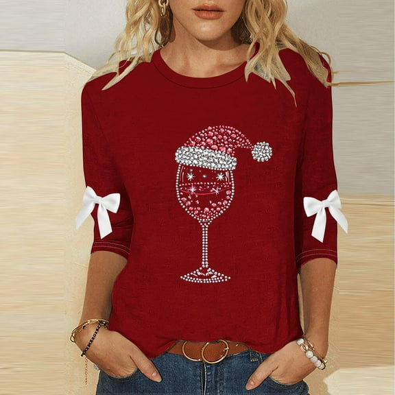 Women's Plus Size Christmas Round Neck Three-Quarter Sleeve Casual Loose Blouse