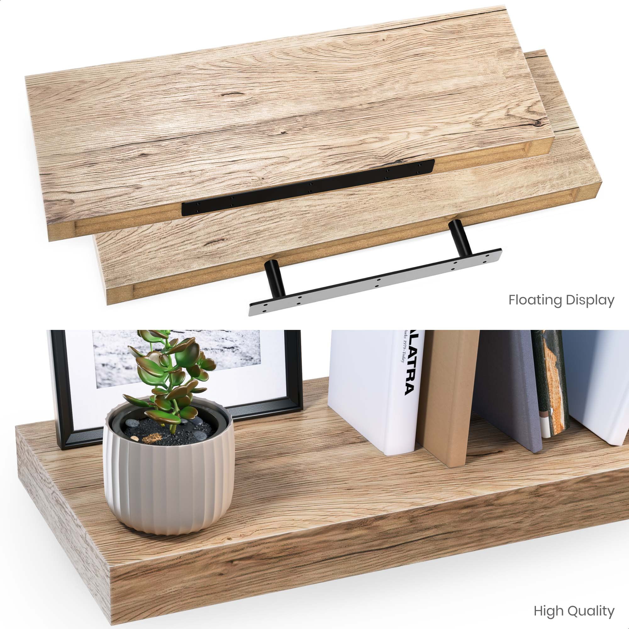 Ballucci 24" Floating Shelves, 2-Pack Wood Wall Shelf Set with Invisible Brackets, 8" Deep, Oak Finish