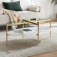 thumbnail image 3 of Rectangle Coffee Table Mid-Century Modern Design L W x H for Living Room - Structure Amber Glass Top and Walnut MDF Shelf Sleek Conical Metal Legs with Gold Finish, 3 of 9