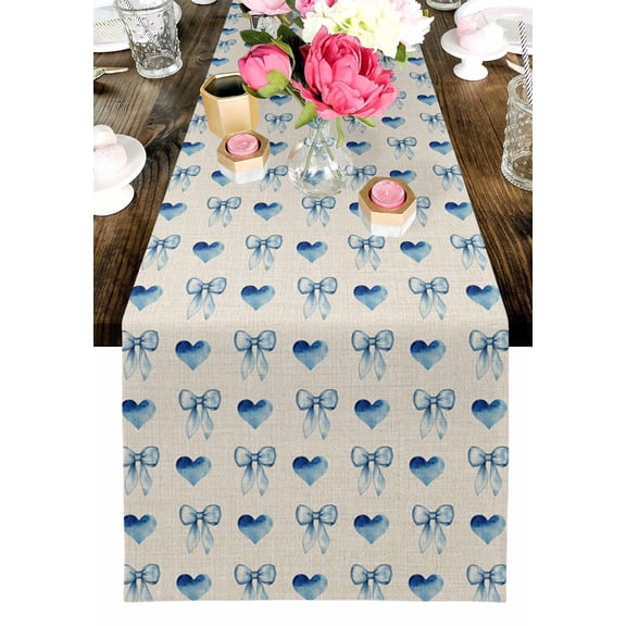 Vintage Bow Table Runner, Blue Gradient Heart Bows Linen Texture Washable Cotton-linen Table Runners Dining Kitchen Decoration for Everyday Home Wedding Party Decor, 13 x 72 Inch