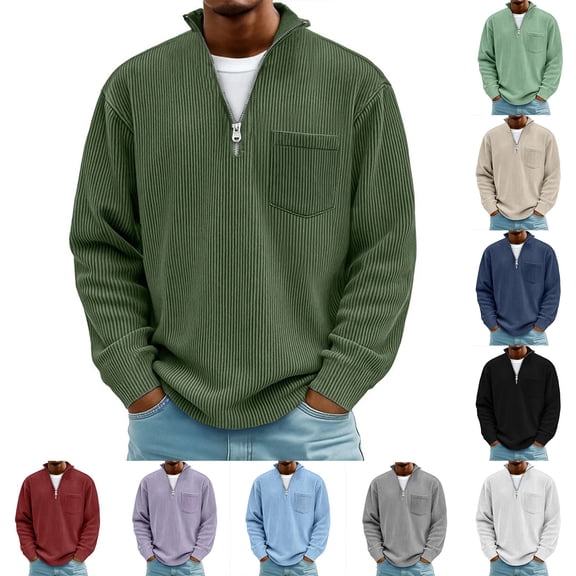 Nmnitkp Mens Sweatshirt Solid Corduroy Stand Collar Half Zip Long Sleeve Plus Size Pullover Loose Fit Chest Pocket Casual Layering Top for Fall Winter Office Daily Travel Weekend Wear Army Green,S