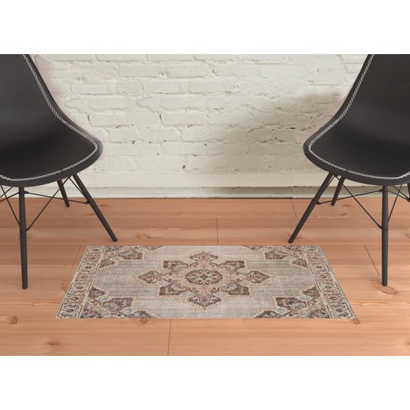 2' x 3' Beige Medallion Power Loom Area Rug With Fringe