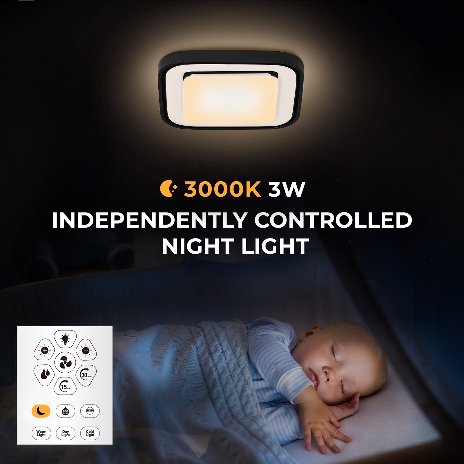 Akicon Bathroom Exhaust Fan with RGB LED Light, 110 CFM 1.5 Sone Ultra Quiet Bathroom Vent Fan for Ceiling, 3CCT Dimmable Light & Nightlight, Remote Control, Square, Black