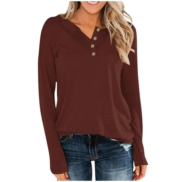 MeetoTime Womens Crew Neck Long Sleeve Buttons Tops Fall Solid Color T-Shirts 2024 Loose Tunic Tops