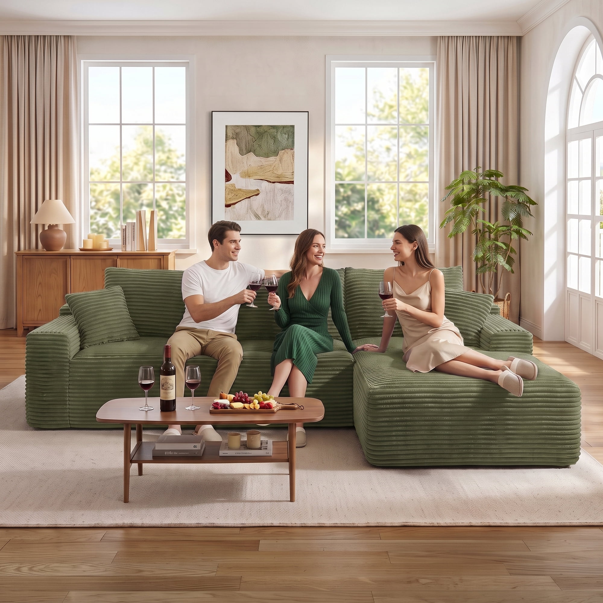 Aukfa 107" Boneless Modular Sectional Sofa, L-Shaped Corduroy Couch with Deep Seat and Right-Facing Chaise for Living Room, Green