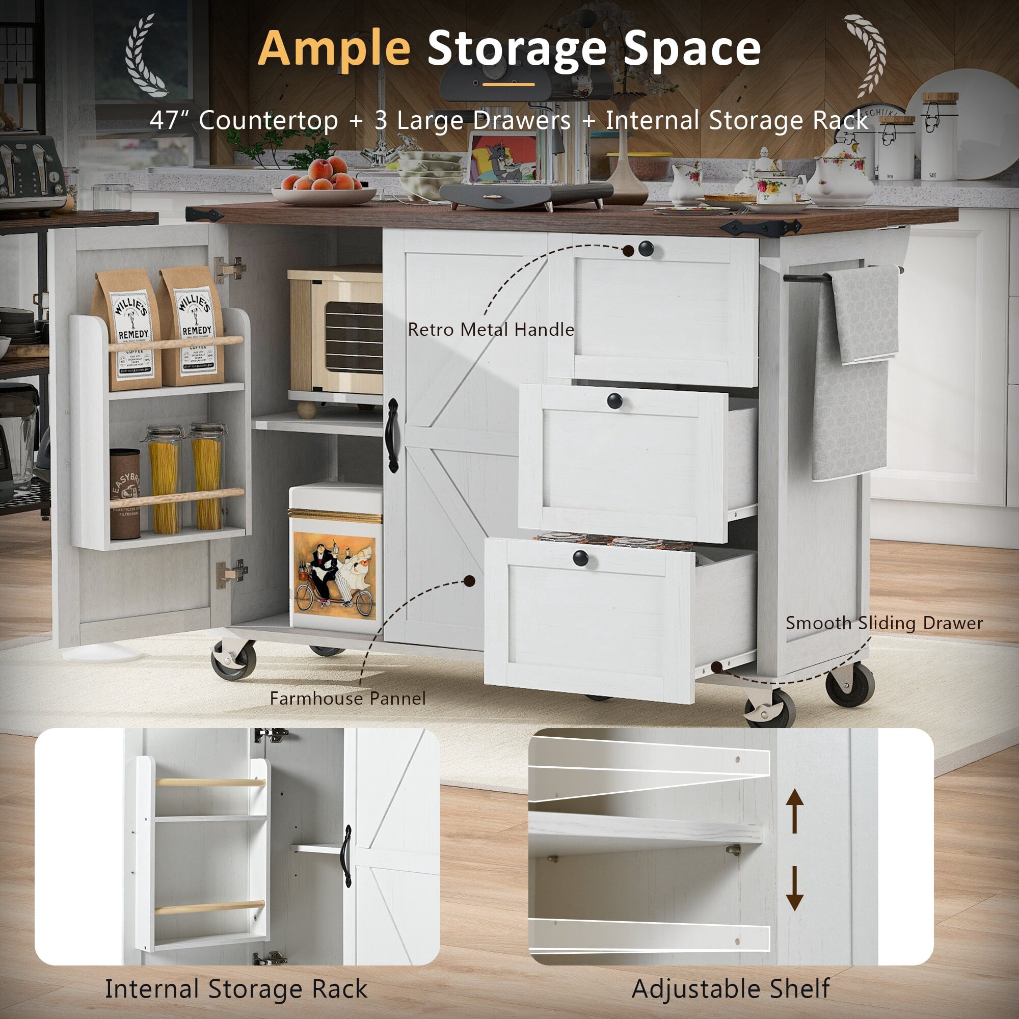 Yoneston 54.5" Farmhouse Kitchen Island with Power Outlet and Drop Leaf, Multifunctional Kitchen Trolley with Internal Storage Rack, Spice Rack and 2 Doors 3 Drawers for Kitchen Dining Room, White