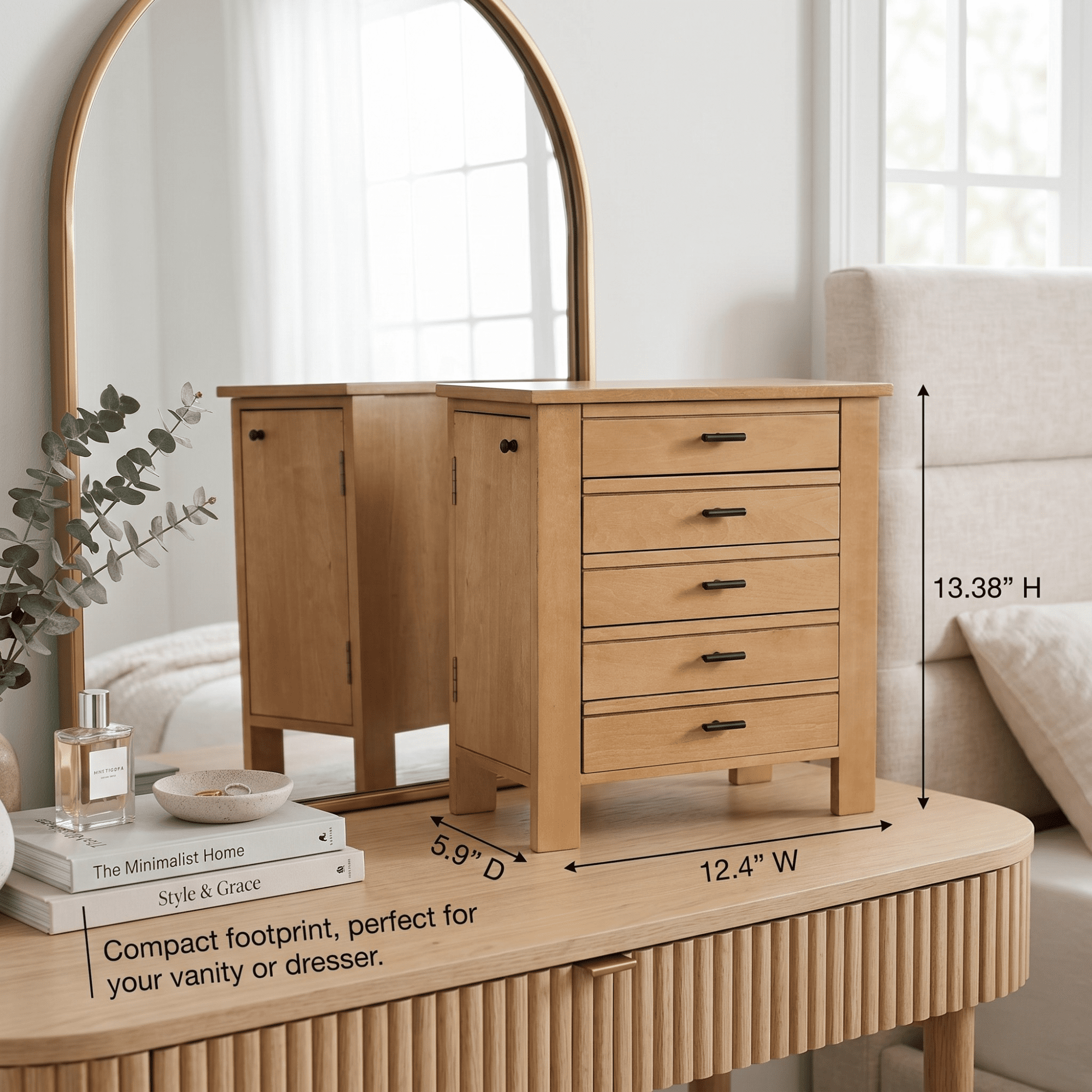 Hives and Honey Emma Wood Jewelry Chest: Modern Pine Tabletop Storage with 4 Drawers for Women