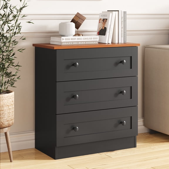 Farmhouse 3 Drawer Dresser for Bedroom, Small Chests of Drawers, Wood Nightstand Bedside Cabinet End Table, Modern Closet Storage Organizer for Bedroom, Black