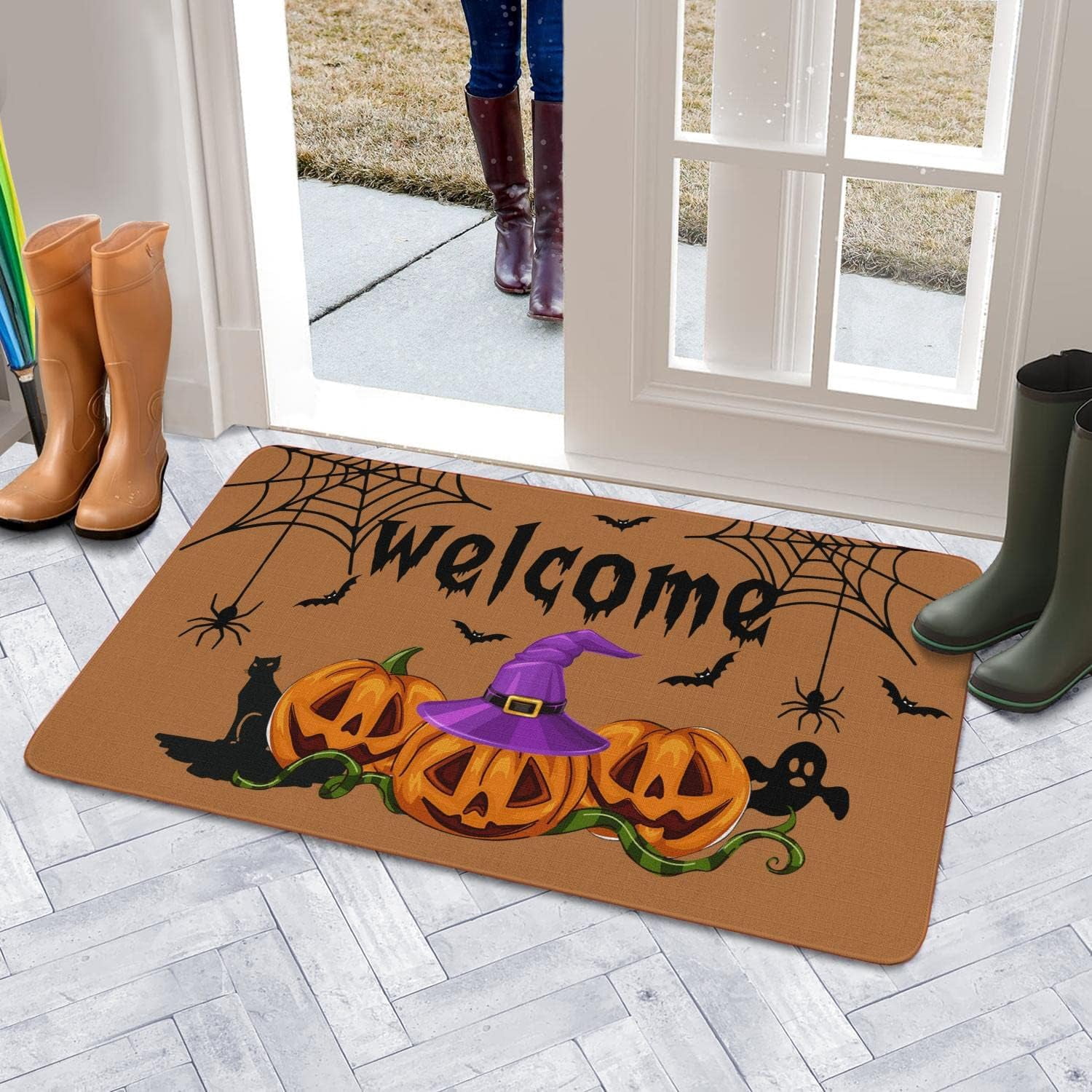 Linen Door Mat Pumpkin Dirt Resist Rug Halloween Welcome Indoor and Outdoor Front Entrance Doormat Home Decor Heavy Rubber Backing for Non Slip, 30" X 17"