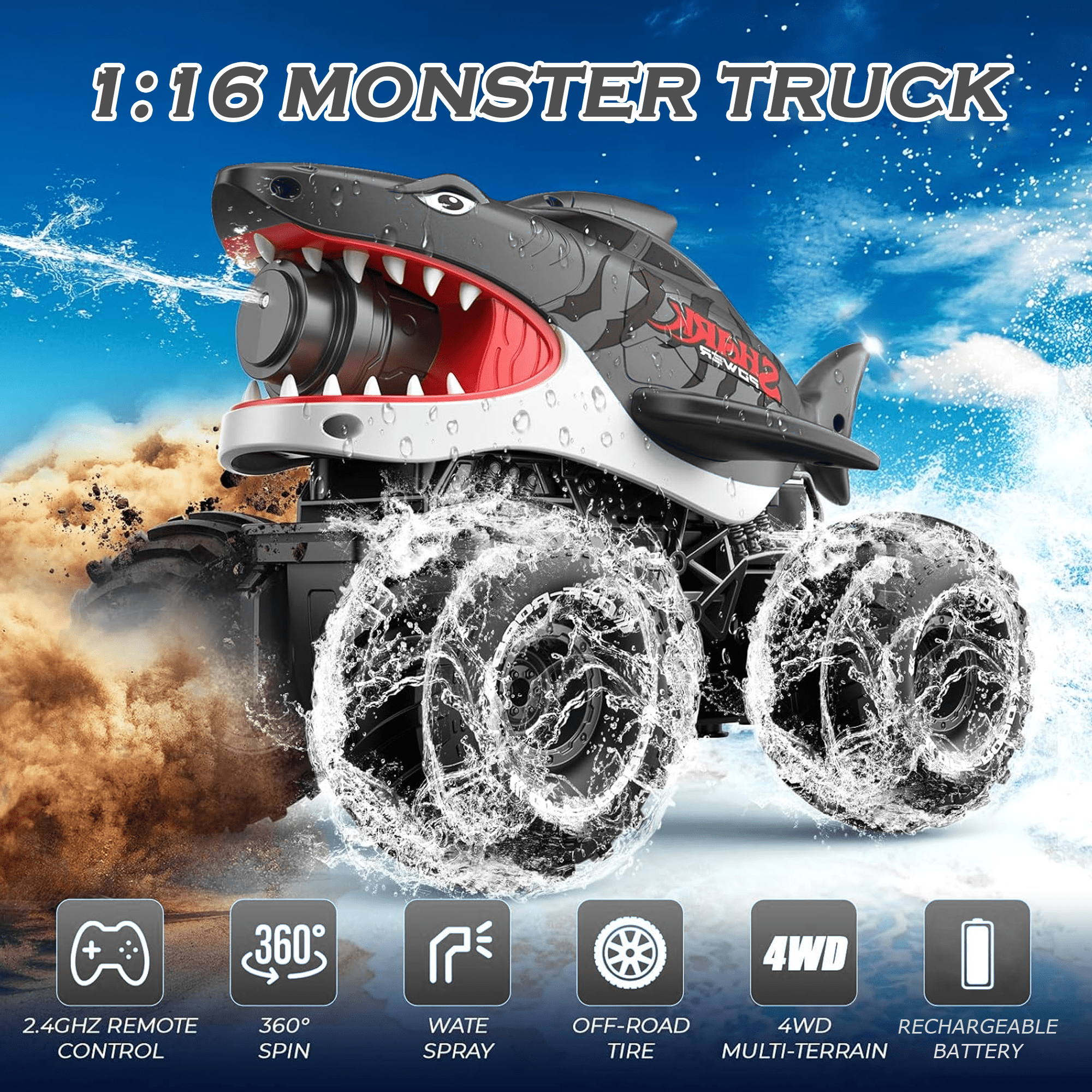 Richgv Remote Control Car Amphibious RC Shark Truck with Water Squirt, Waterproof All Terrain Off-Road Monster Truck, Kids Pool Toy Gift for Boy Girl Age 6+