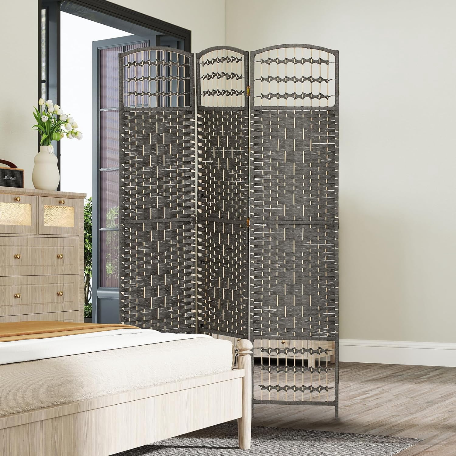 NIUMU 3 Panel Room Divider, Folding Privacy Screen, 5.6' Room Separator, Wave Fiber Freestanding Partition Wall Divider, Dark Gray