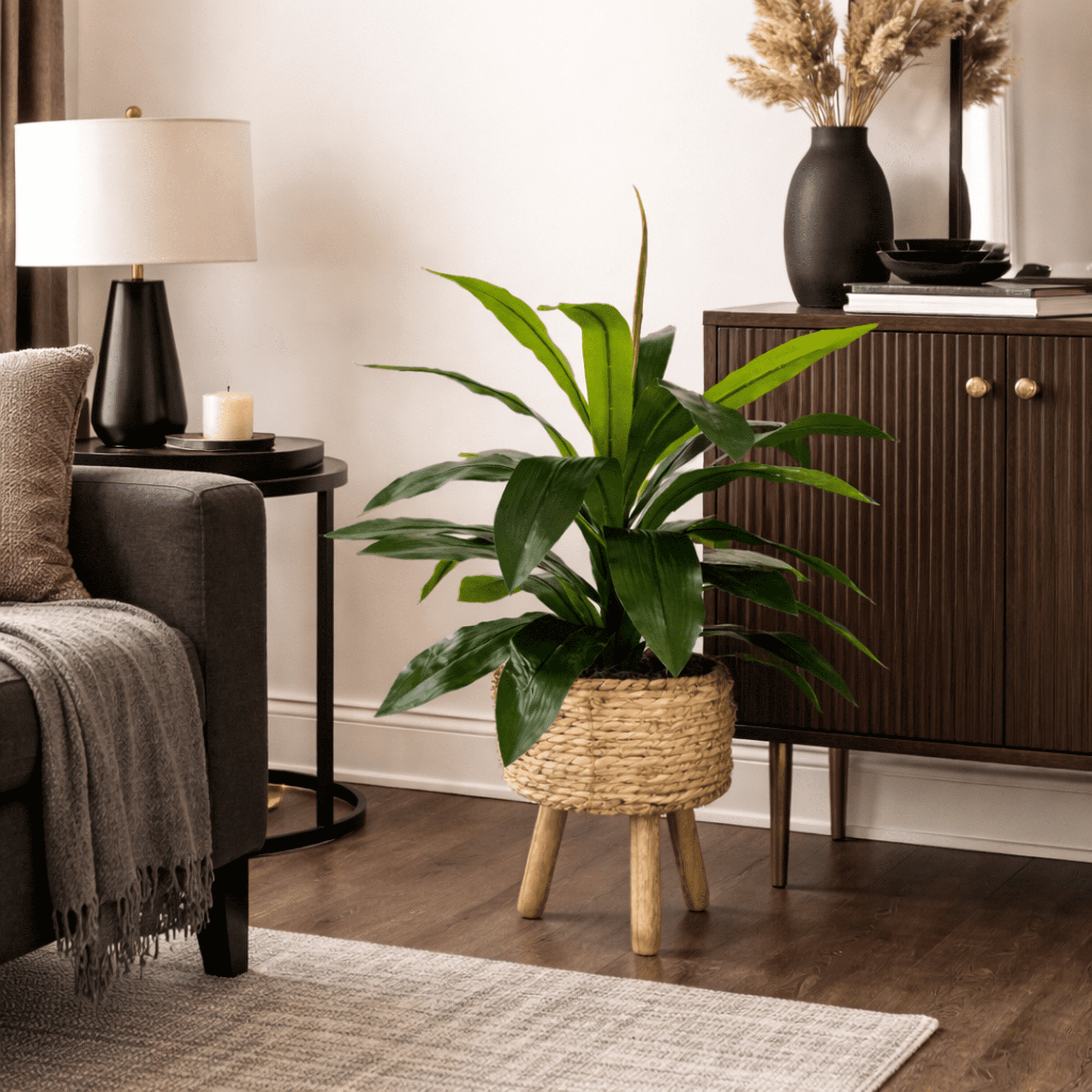 Artificial Plant, 24" Artificial Dracaena Plant in Natural Woven Tripod Basket Stand by LCG Florals, Faux Designer Fake Indoor Plant for Living Room, Office, and Home Décor