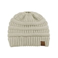 thumbnail image 2 of C.C BeanieTail Soft Stretch Cable Knit Messy High Bun Ponytail Beanie Hat, Beige, 2 of 3