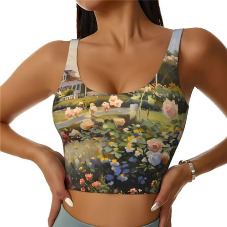 Adobk American Flag Rose Garden Print Sports Bras for Women Longline Workout Crop Tank Tops Padded with Built in Shelf Padded Sports Bra-
