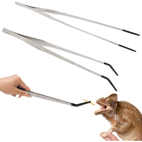 Reptile Feeding Tongs,Straight and Curved Tweezer Feeder Tool with Rubber Tip,Terrarium Feeder Tool,Long Stainless Steel Feeding Tweezer for Lizards and Bearded Dragon,2 Pcs,10.6''