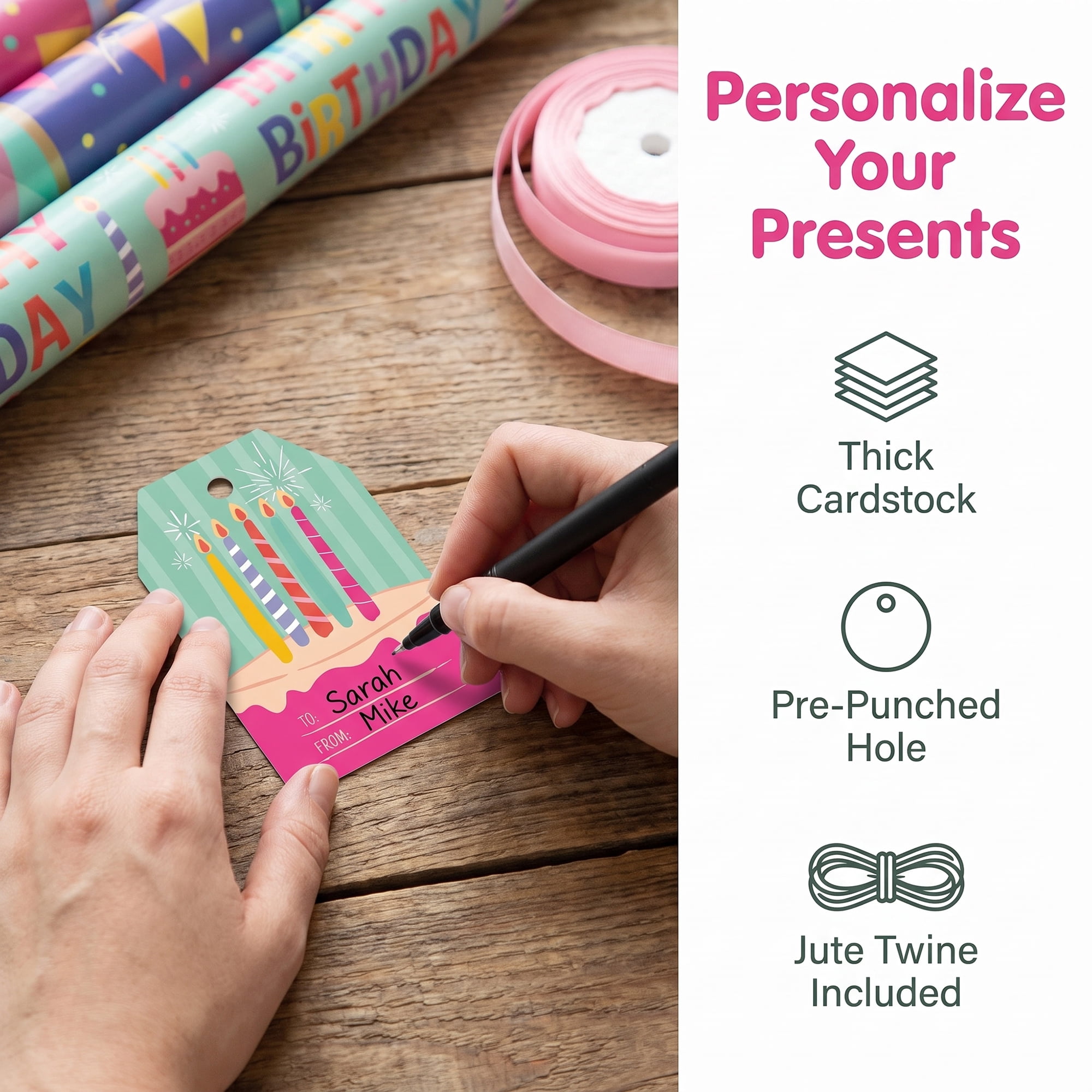 Unique Bargains Elegant Birthday Gift Tags with Twine Big Candles 2" x 3.1"