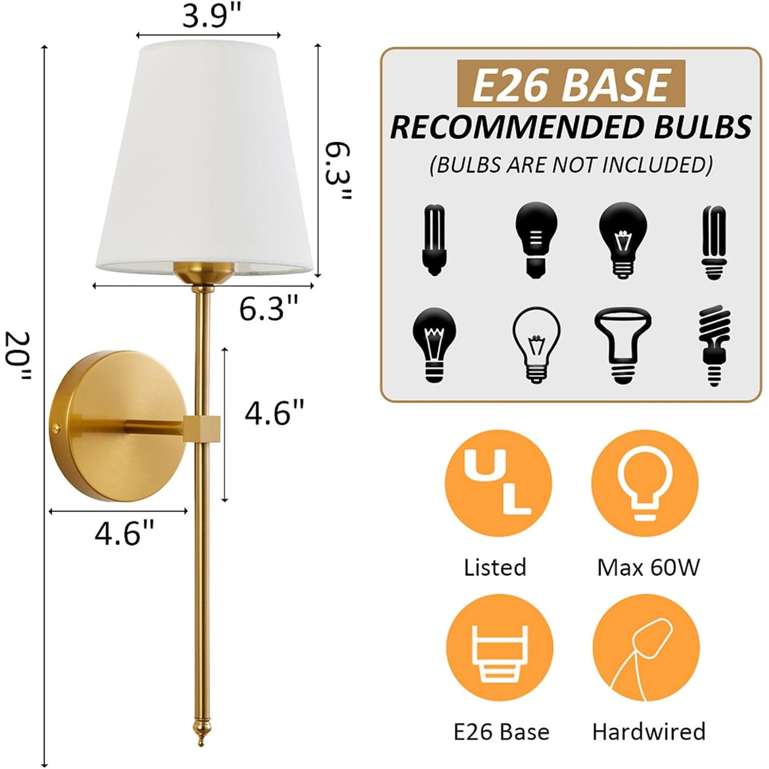 Wall Sconces Sets of 2, Retro Industrial Wall Lamps, Bathroom Vanity Sconces Wall Lighting with White Fabric Shade, Suitable for Bedroom Living Room Corridor Kitchen
