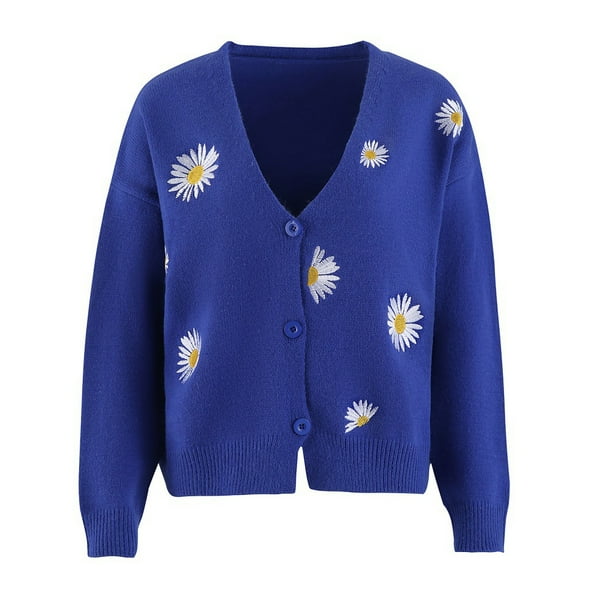 Qarigey Pelusas Suéter de mujer Patrón de flores de invierno Estampado de manga larga Cuello en V Transpirable Lavable Casual Elegante Suéteres para Prendas para la parte del cuerpo Azul SG Qarigey AP012615-24