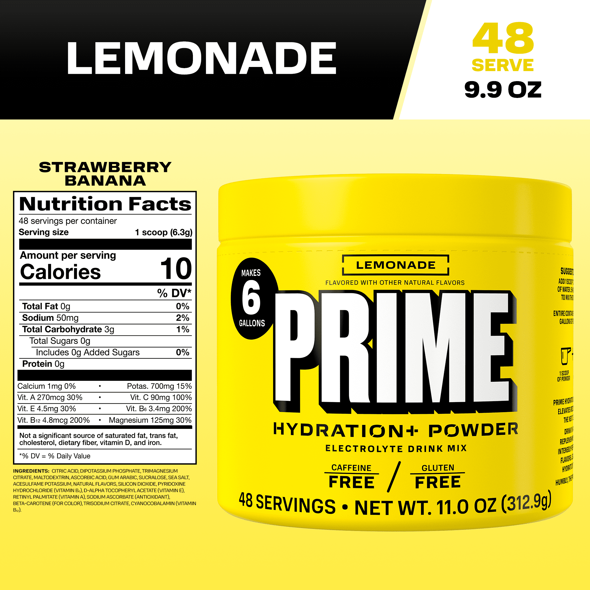 PRIME Hydration+ Lemonade Electrolyte Powder, Sugar Free, 6 Gallon Tub