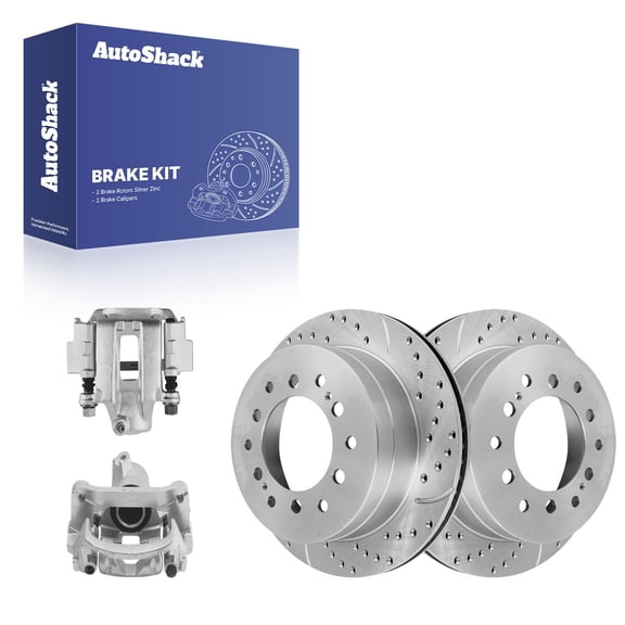 AutoShack Rear Vented Drilled & Slotted Silver Zinc Coated Brake Rotors   Calipers 4-PC Brake Kit Replacement for 2003-2009 Toyota 4Runner 2007-2009 Toyota FJ Cruiser SilverShield Pro 12.28" (312 mm)