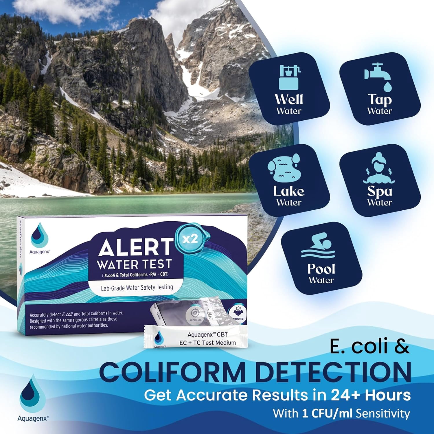 Aquagenx Alert p/a Test Kit – Lab-Grade Home Water Testing Kit for E. Coli, Ideal for Wells, Drinking Water, and Tap Testing (2 pack)
