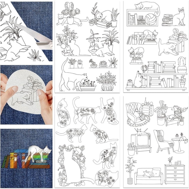 4 Sheets Water Soluble Embroidery Stabilizers 11.69x8.27 Inches Stick and Stitch Embroidery Paper with Pre-Printed Cat Book Flower Plant Pattern for Hand Sewing Lover Beginners