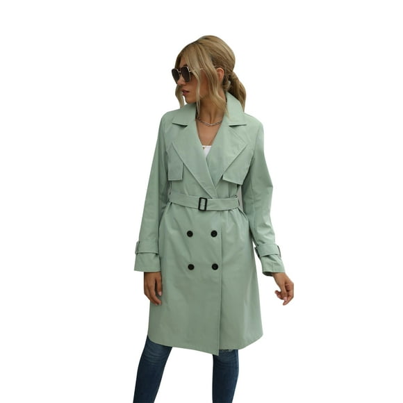 Pudcoco Women Solid Coat Autumn Lapel Neck Double Breasted Belted Trench Coat