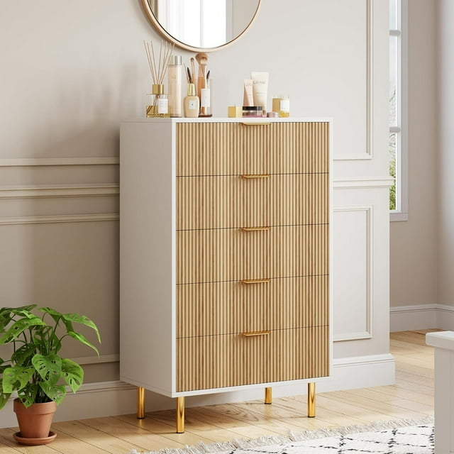 Commode à 5 Tiroirs – Chiffonnier Moderne en Bois avec Poignées Dorées, Armoire de Rangement Haute pour Chambre, Salon, Garde-Robe, Couloir Ou Entrée