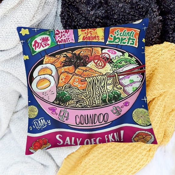 FCXZI Square Cushion Cover Ramen Theme Indoor Decoration for Home Sofa Couch 100% Linen Set of 1 Pillowcase 18x18in