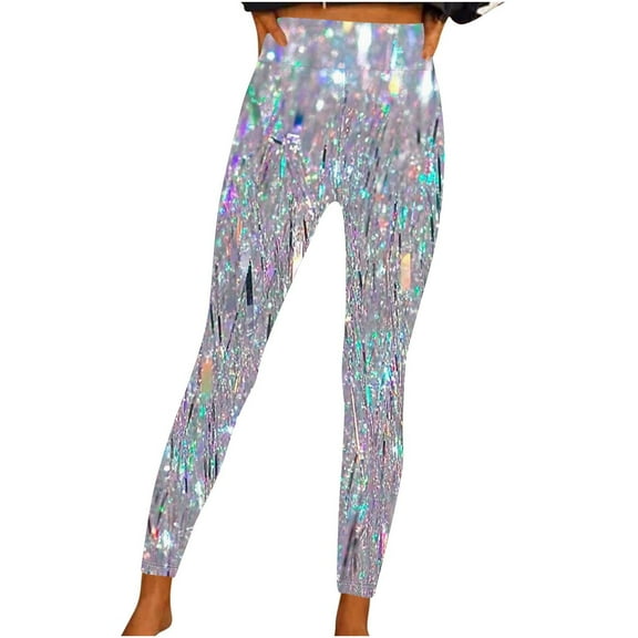 WNYEIME Sparkly Leggings for Women Sequins Print High Waist Butt-Lifting Stretch Yoga Pants Slim Fit Fashion Gym Sports Workout Running Tights Multicolor S