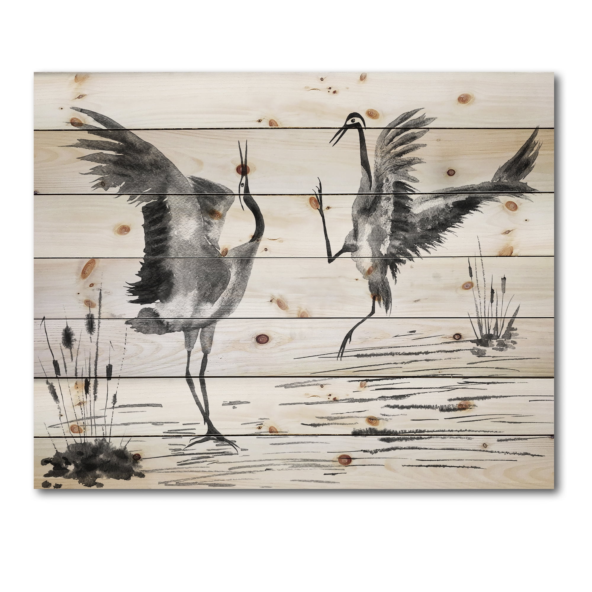 Designart 'Monochrome Two Enamored Japanese Cranes Birds' Traditional Print on Natural Pine Wood
