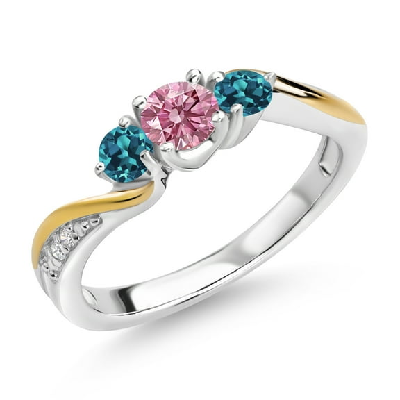 Gem Stone King 925 Silver and 10K Yellow Gold Pink and White Lab Grown Diamond London Blue Topaz 3 Stone Engagement Ring for Women (0.54 Cttw, April Birthstone, Size 7)
