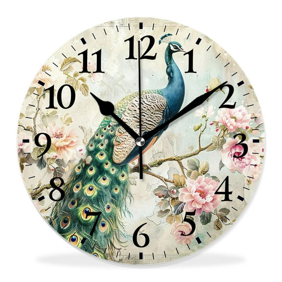 10 Inch Wall Clock Battery Operated Silent Clock Decorative for Office, Kitchen, Outdoor, Living Room，Pretty Floral Peacock Watercolor Bird Rose Flower Adorable
