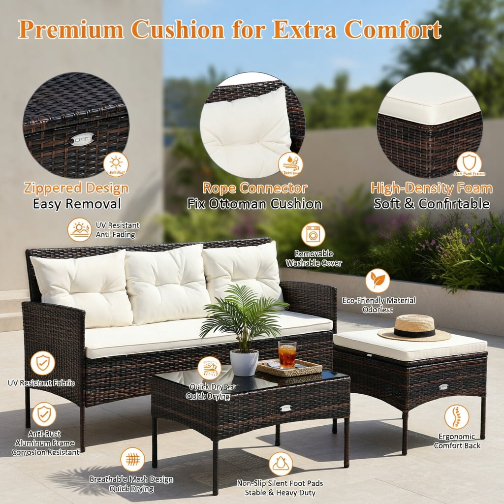 Hommoo 3-Piece Modern Patio Sectional Set with 5 Premium Cushions, All-Weather Rattan Sofa, Ottoman & Glass Coffee Table for Backyard, Poolside & Garden, White