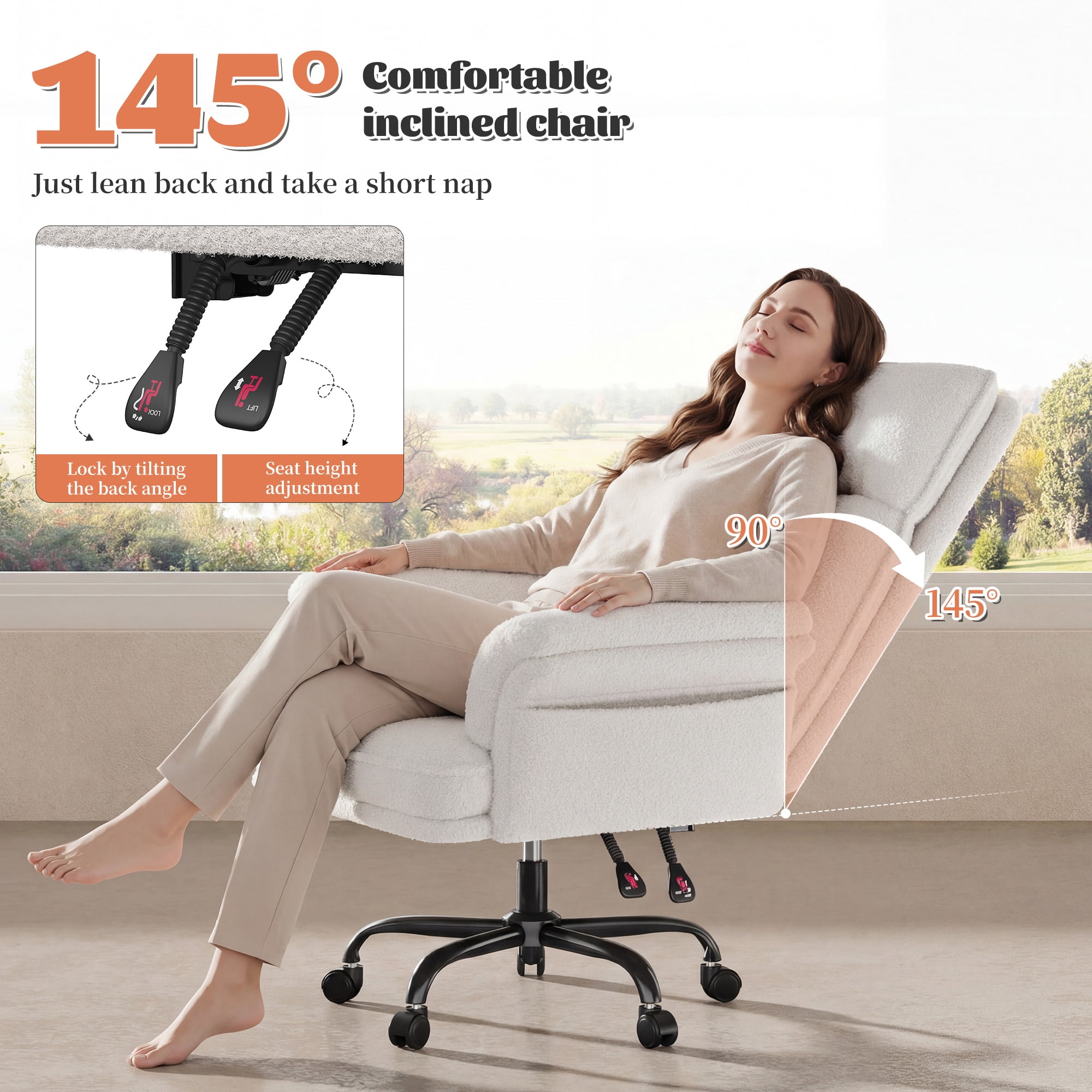 Romorgniz Criss Cross Chair with Armrests & Wheels Ergonomic Computer Gaming Chair with Two Side Pockets Teddy Plush Wide Seat Reclining Desk Chair for Home Office，White