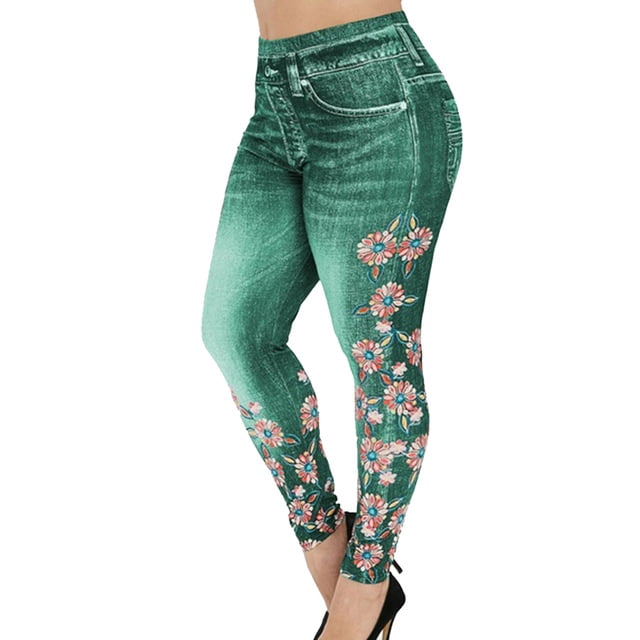 Women Plus Size High Waist Imitation Denim Fake Jeans Floral Print ...