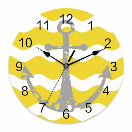 14 Inch Grey Nautical Wall Clock, Anchor Yellow Wavy Stripes Battery Operated Silent Non Ticking Clocks, Easy to Read Round Wall Clock for Kitchen/Living Room/Bedroom/Bathroom