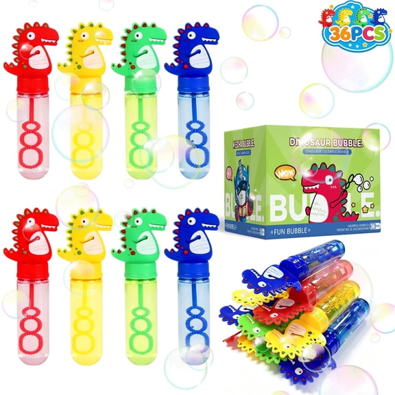 36 Pcs Mini Dinosaur Bubble Wands with Solution, 4 Colors - Short Bubble Blowers for Kids Birthday, Carnival, Classroom, Non-Candy Gift Filler